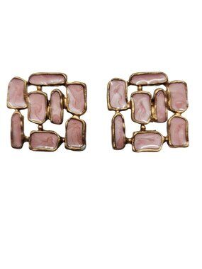 Vintage Pink Enamel Square Stud Earrings Gold Tone Retro Mod